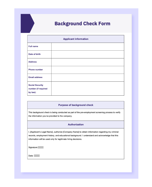 Background check form template preview in Word.