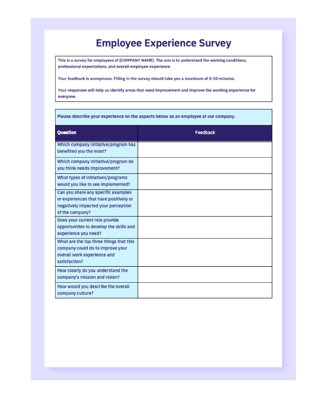 Employee experience survey template sample in Word.