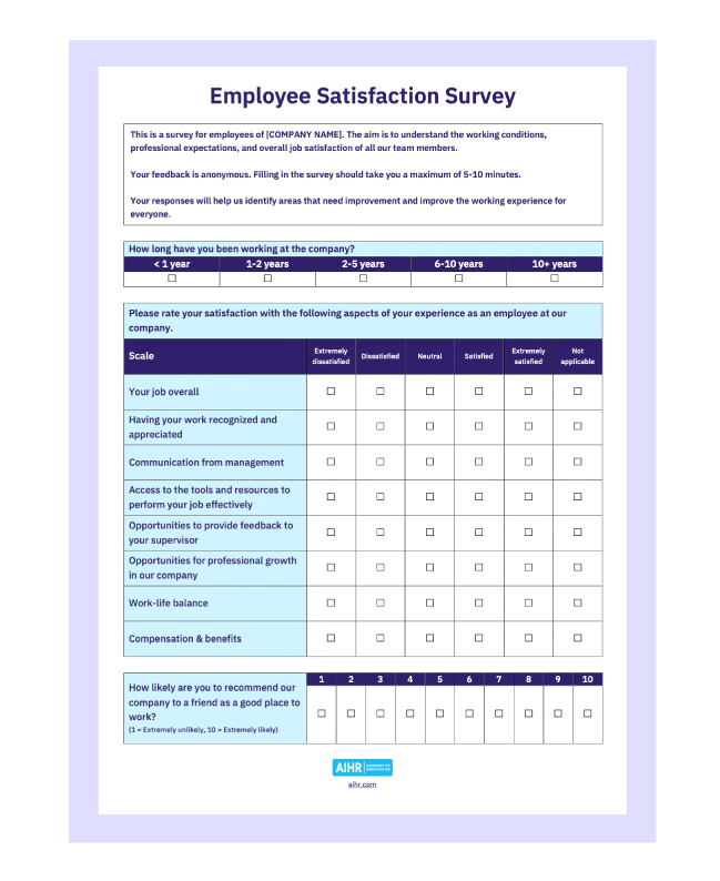 Employee satisfaction survey template sample in Word.