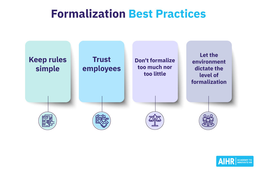Formalization best practices include keep rules simple, trust employees, etc.