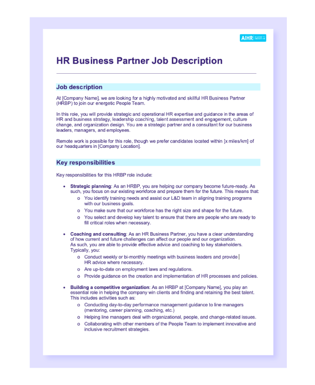 Preview of the HRBP job description template in PDF.