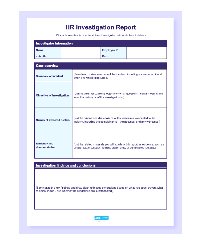 A preview of an HR investigation report template.