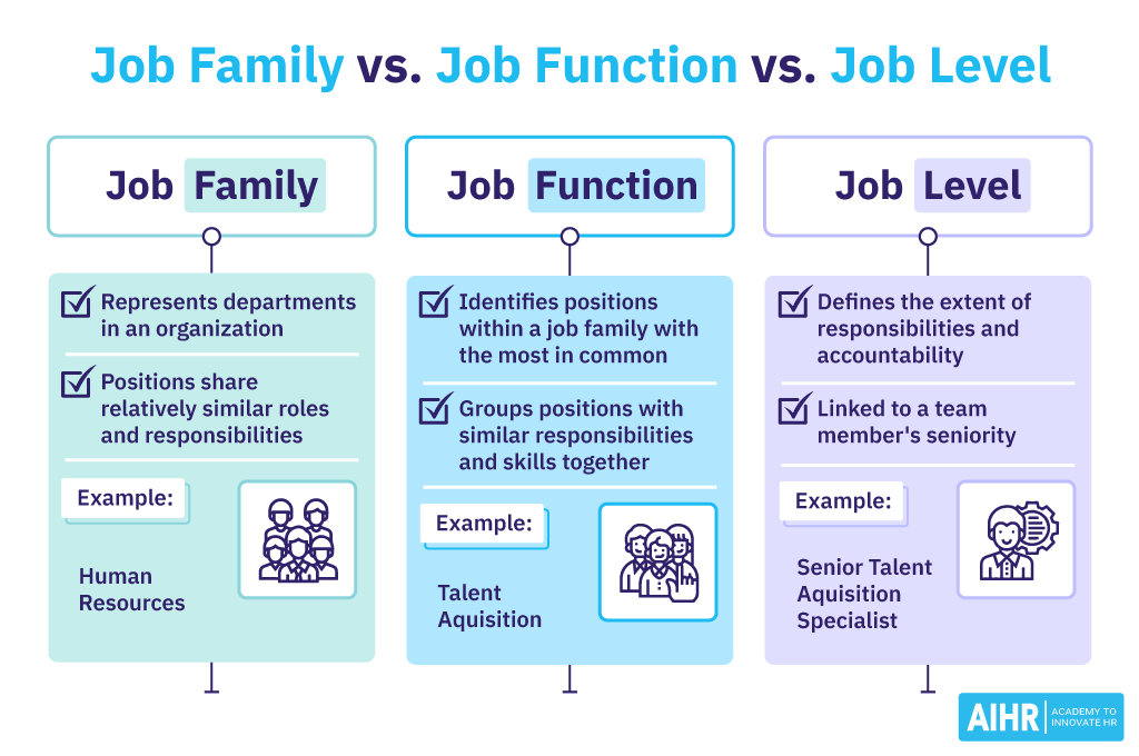 The differences between job family vs job function vs job level.