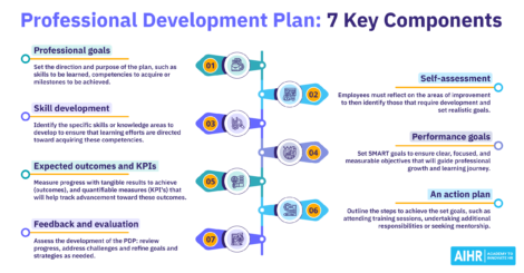 Infographic representation of the 7 key components of the professional development plan.