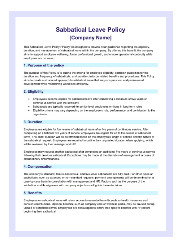 A preview of a sabbatical leave policy template.
