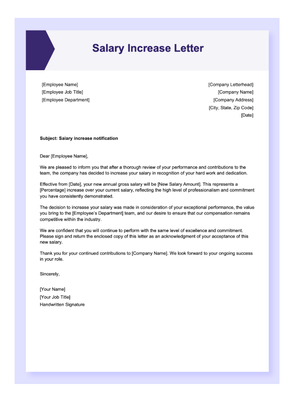 A preview of a salary increase letter template in Word.