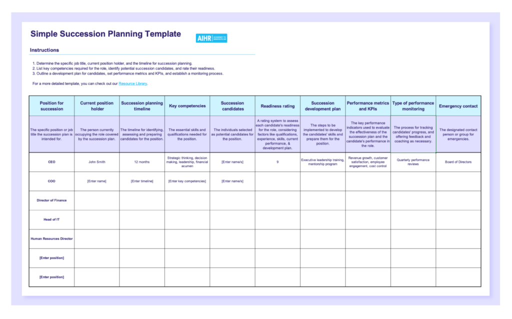 A preview of a simple succession planning template.