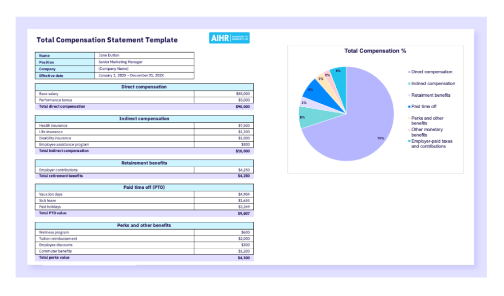 Preview of the total compensation statement template in Excel.